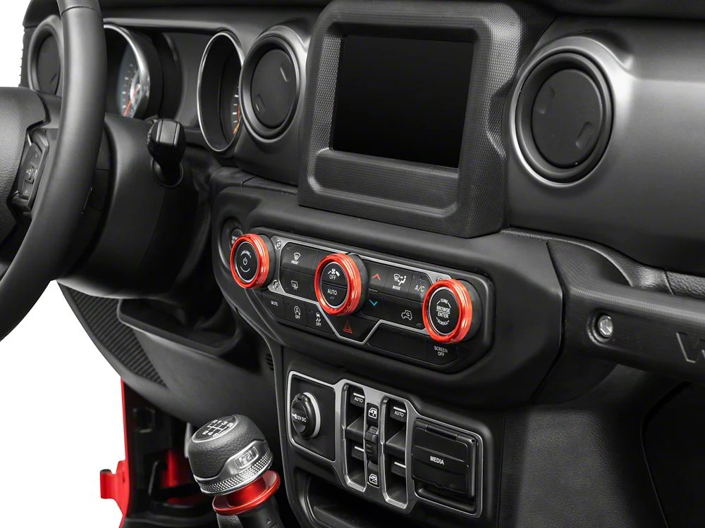 RedRock Billet Aluminum HVAC and Radio Control Knob Trim Ring Set; Red (20-25 Jeep Gladiator JT) - Image 3